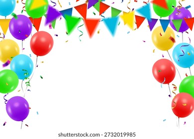 Vector colorful party balloons, decorative garlands, confetti and streamers decorative border isolated on white background