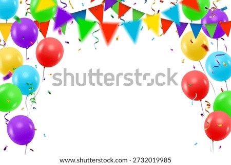 Vector colorful party balloons, decorative garlands, confetti and streamers decorative border isolated on white background