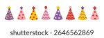 Vector colorful party hat set in flat cartoon style. Cute cone caps collections for birthday, celebration, or holiday design. Fun festive elements for greeting cards, clipart, or invitations.