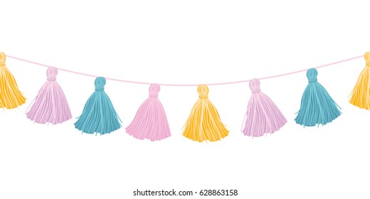 Vector Colorful Pastel Hanging Decorative Tassels With Ropes Horizontal Seamless Repeat Border Pattern. Great for handmade cards, invitations, wallpaper, packaging, nursery designs.