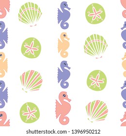 Vector colorful pastel seahorse and seashells seamless pattern texture background. Perfect for wallpaper, scrapbooking, invitations, or fabric