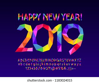 Vector Colorful Patchwark Greeting Card Happy New Year 2019. Rainbow bright Alphabet Letters, Numbers and Symbols. Geometric Font