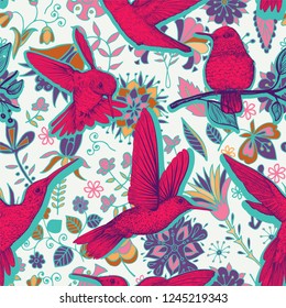 Vector colorful pattern with birds and flowers. Birds and stylized flowers. Nature floral pattern. Drawn botanical background. Design for wrappimg paper, invitation, postcard, cover, textile, fabric