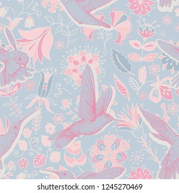 Vector colorful pattern with birds,  flowers. Nature backdrop. Pink decorative fabric design. Illustration for wrapping paper, invitation. Colorful design for web, phone cover, textile, fabric.