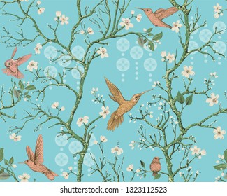 Vector colorful pattern with birds and flowers. Hummingbirds and flowers, retro style, floral backdrop. Spring, summer nature design for web, wrapping paper, cover, textile, fabric, wallpaper
