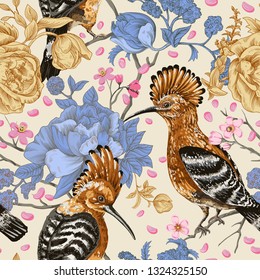 Vector colorful pattern with birds and flowers. Hoopoes and flowers, retro style, floral backdrop. Spring, summer flower design for web, wrapping paper, cover, textile, fabric, wallpaper