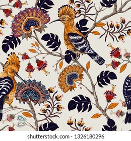 Vector colorful pattern with birds and flowers. Jacobean wallpaper. Hoopoes and flowers, retro style, floral backdrop. Floral design for wrapping paper, cover, textile, fabric, wallpaper