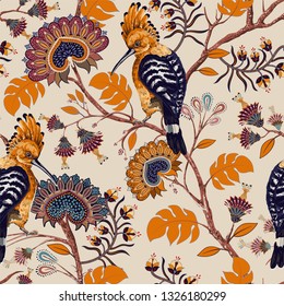 Vector colorful pattern with birds and flowers. Hoopoes and flowers, retro style, floral backdrop. Jacobean flower design for web, wrapping paper, cover, textile, fabric, wallpaper