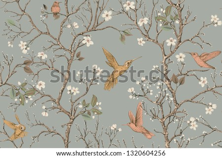 Vector colorful pattern with birds and flowers. Hummingbirds and flowers, retro style, floral backdrop. Spring, summer flower design for web, wrapping paper, cover, textile, fabric, wallpaper