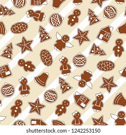 Vector colorful pattern of Christmas ginger cookie with beige line backgroung