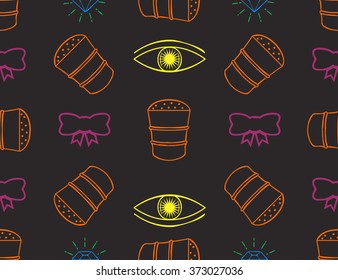 Vector colorful pattern with crystals, eyes and bows on a black background