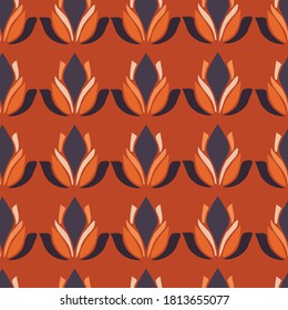 Vector colorful pattern design of abstract geometric flower silhouettes on orange background. The design is perfect for backgrounds, textiles, wrapping paper, wallpaper, decorations and surfaces