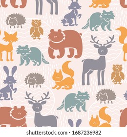 Vector colorful pattern with forest animals. Background on the theme of nature. Flat desidn