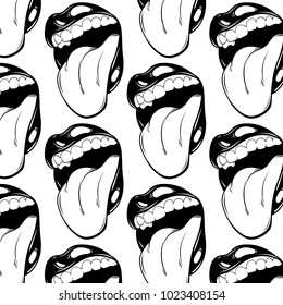 Vector colorful pattern with  hand drawn illustration of mouth with tongue. Template for card, poster, banner, print for t-shirt. 