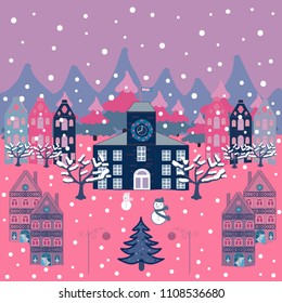 Vector. Colorful pattern with house, trees, snowman, mountains and hills. Perfect for kids fabric, nursery wallpaper. Illustration on pink, neutral and blue colors. Nice nature landscape concept.