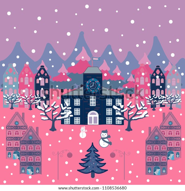 Vector. Colorful pattern with house, trees,\
snowman, mountains and hills. Perfect for kids fabric, nursery\
wallpaper. Illustration on pink, neutral and blue colors. Nice\
nature landscape\
concept.