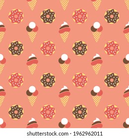 Vector colorful pattern with ice cream in waffle cones and donuts.