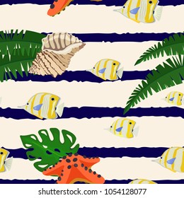 Vector colorful pattern with leaves of palm tree and shell, bright starfish and flock of fish on light background with blue stripes. Exotic motifs on theme of sea.