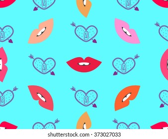 Vector colorful pattern with lips and hearts with arrows