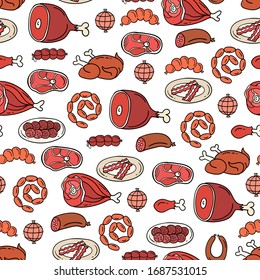 Vector colorful pattern on the theme of food. Background with isolated meat, sausage, chicken, pork, beef on white color