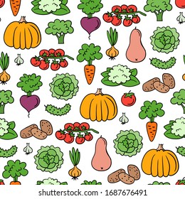 Vector colorful pattern on the theme of food, proper nutrition, vitamins, vegetarian food. Background with vegetables on white color