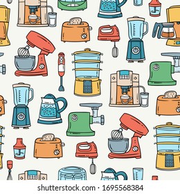 Vector colorful pattern on the theme of kitchen appliances and electronics. Background with сooking technique