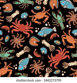 Vector colorful pattern on the theme of seafood, marine life. Cartoon background with fish, octopus, crayfish, crabs, shrimps, mussels, squids on black color