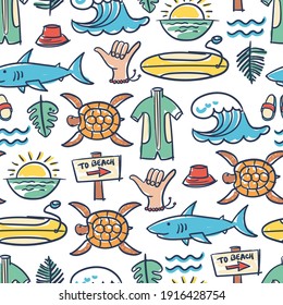 Vector colorful pattern on the theme of summer, surfing, holidays, sea, beach, rest, hobby. Cartoon hand drawn background for use in design