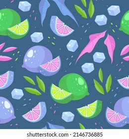 Vector colorful pattern stylized lime and ice cubes on a dark background