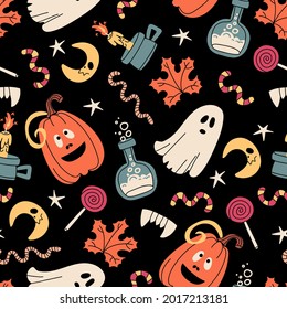 Vector colorful pattern with symbols of Halloween - pumpkins, ghosts, sweets, potions, candles. Cartoon background for use in design