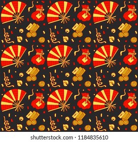 Vector colorful pattern with traditional elements of Chinese New Year. Bright Chinese New Year background.