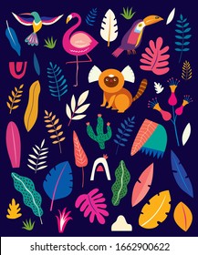 Vector colorful pattern with tropical flowers, leaves, monkey, flamingo and birds. Brazil tropical pattern. Rio de janeiro pattern