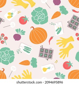 Vector colorful pattern witn vegetables and symbols of gardening. Background on the theme of garden, food, vegetarianism