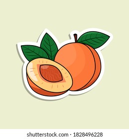 Vector colorful peach sticker. Isolated orange fruit with lines and highlights. Riped peach with stone in cartoon style on the light green background