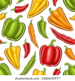 Vector Colorful Pepper Seamless Pattern, square background with flying sweet and spicy cartoon thai peppers, placard with group of flat lay variety multicolored whole bell peppers on white background