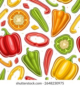 Vektor Bunte Paprika Nahtloses Muster, quadratischer Hintergrund mit Vielzahl fliegender Cartoon-Gemüsepaprika mit Samen, Poster mit Gruppe von ganz und Teile von mehrfarbigen Paprika-Glocken auf weißem Hintergrund