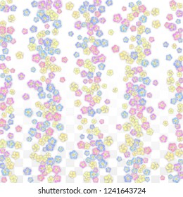 Vector Colorful Petals Falling on Transparent Background.  Spring Romantic Flowers Illustration. Flying Petals. Sakura Spa Design.  Blossom Confetti. Design Elements for  8 March Card.