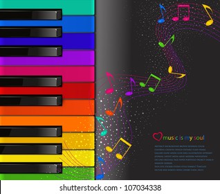 vector colorful piano keyboard with musical notes on a black background