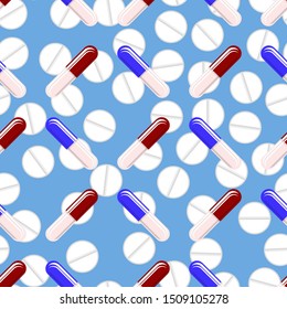 Vector Colorful Pills Seamless Pattern Isolated on Blue Background. Medical Texture.