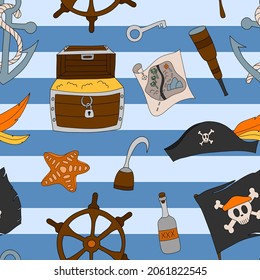 Vector colorful pirate seamless pattern with nautical theme. Fun pirate background with colorful elements