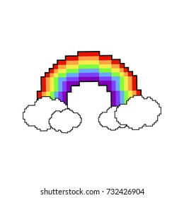 Vector colorful pixel rainbow. Rainbow and cloud icon of pixel art style. Vector Illustration for print, textile, wrapping, wallpapers, web background, cover, banner, flyer.