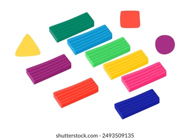 Vector colorful plasticine for kids. Hand drawn plasticine bricks for child and clay pieces in geometric shapes isolated on white background. Colored cartoon vector illustration