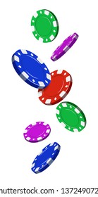 Vector colorful playing chips flying in different angles isolated on white background