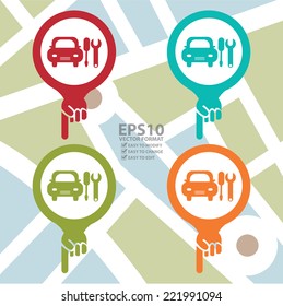 Vector : Colorful Pointer Icon With Car Repair and Service Center Sign in POI Map Background 
