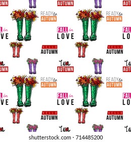 Vector colorful polka-dot wellies with flowers and autumn slogans illustration. Seamless pattern in watercolor style. Background for decoration seasonal celebration, fabrics, textile, cards, web.