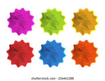 vector colorful polygonal label sticker icons in red, blue, orange, yellow, green, purple