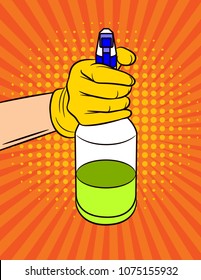 Vector colorful pop art comic style illustration of a hand keep a spray for cleaning. Cleaning product over halftone dot background