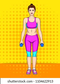 Vector colorful pop art comic style illustration of slender young woman wearing sport clothes and standing over halftone dot background. Fitness body of beautiful girl with weights in her hands