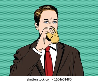 Vector colorful pop art comic style illustration of businessman drinking coffee. Vintage style poster of a man in suit with cup of coffee in his hand