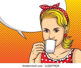 Vector colorful pop art comic style illustration of a pretty woman in red dress drinking a coffee. Portrait of young beautiful lady with cup of hot drink